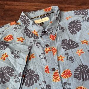 STEVE'S JEANS Men's Sz 3X Big & Tall Skull Flower Leaf Blue Hawaiian Aloha Shirt